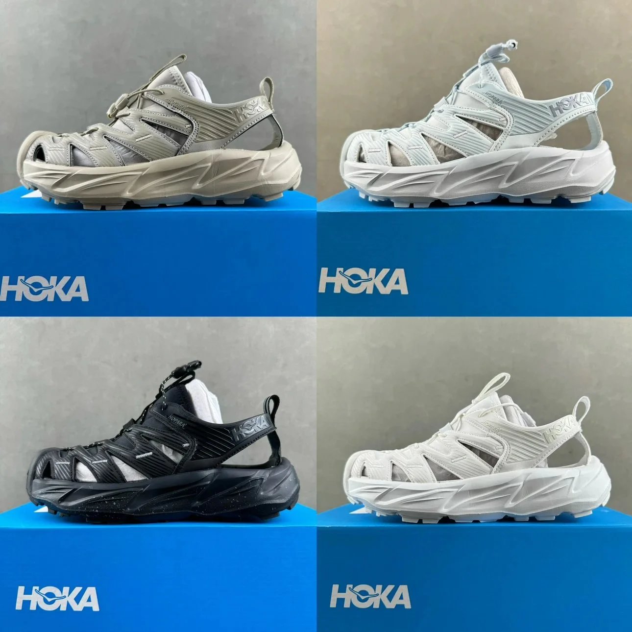 Hoka Sandal Shoes in Grey, White, Black, and Light Blue