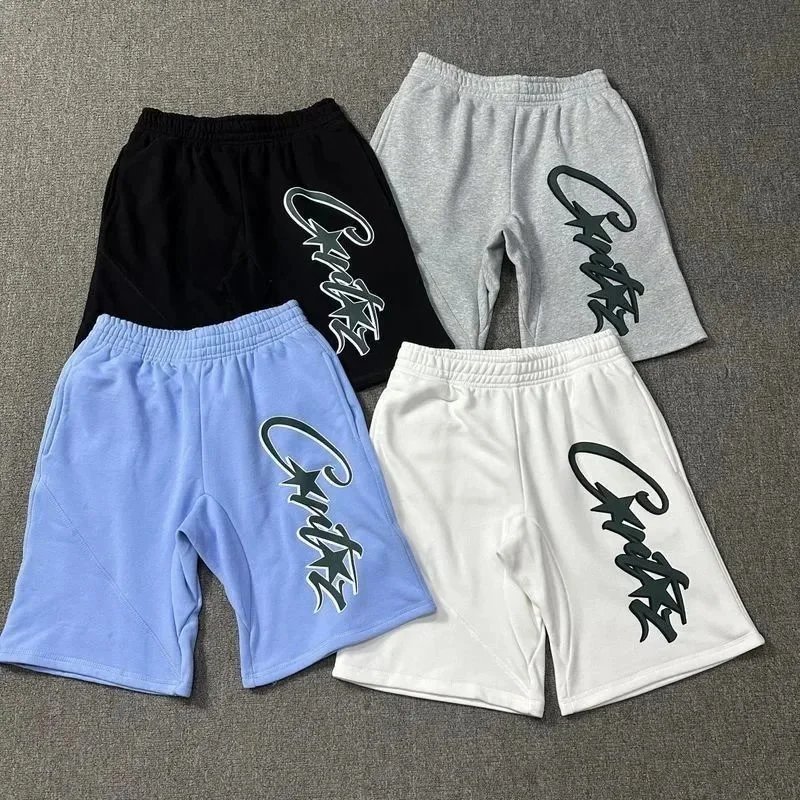 Graphic Script Shorts in Black, Grey, Blue, and White