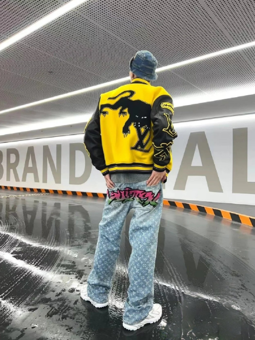 Louis Vuitton Yellow Bomber Jacket and Jeans Combo