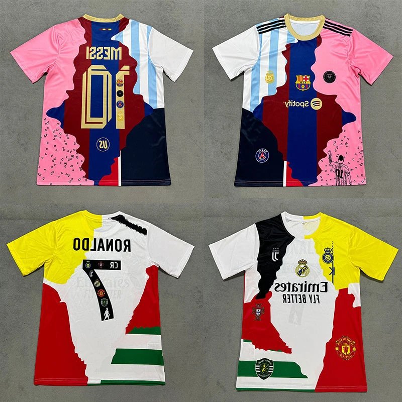 Messi and Ronaldo Football Jerseys with Team Logos