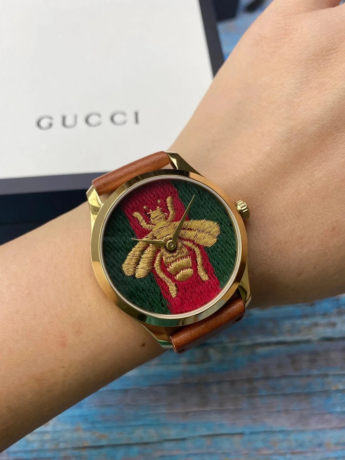 Gucci Gold Bee Watch with Leather Strap