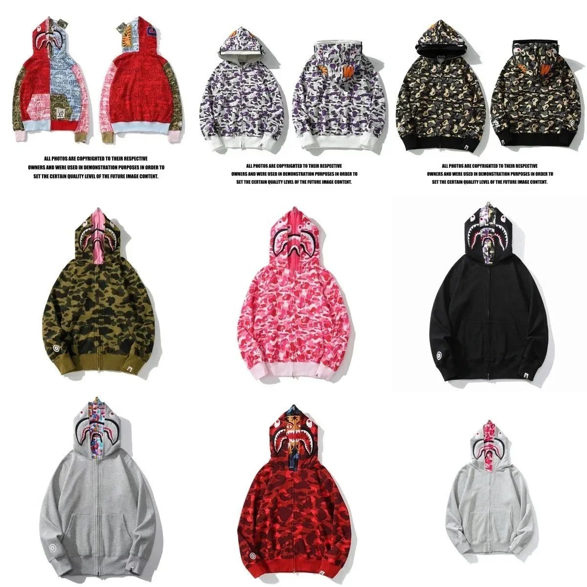 A Bathing Ape Shark Hoodie in Various Colors and Patterns