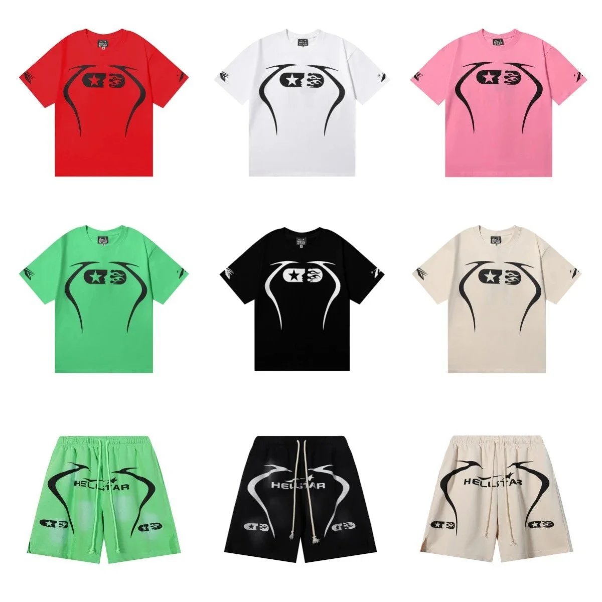 Hellstar Red White Black Green Beige T-Shirt and Shorts Set