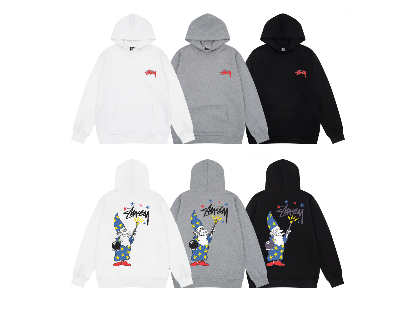 Stussy Wizard Hoodie in White, Grey, and Black