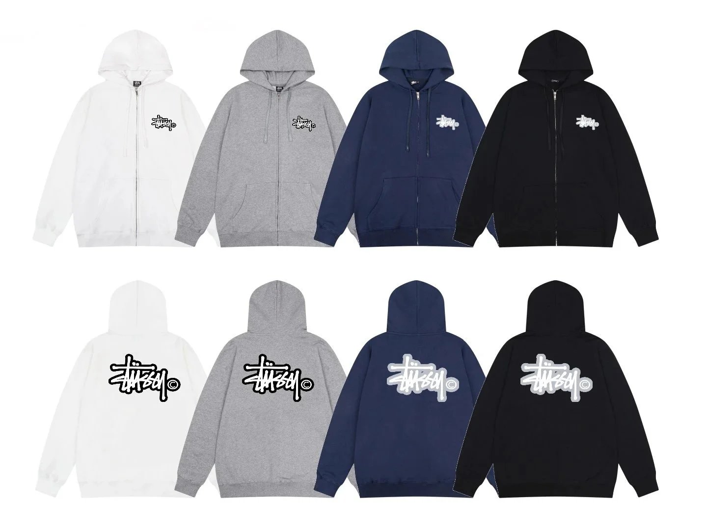 Stussy Zip-Up Hoodie in White, Grey, Blue, and Black