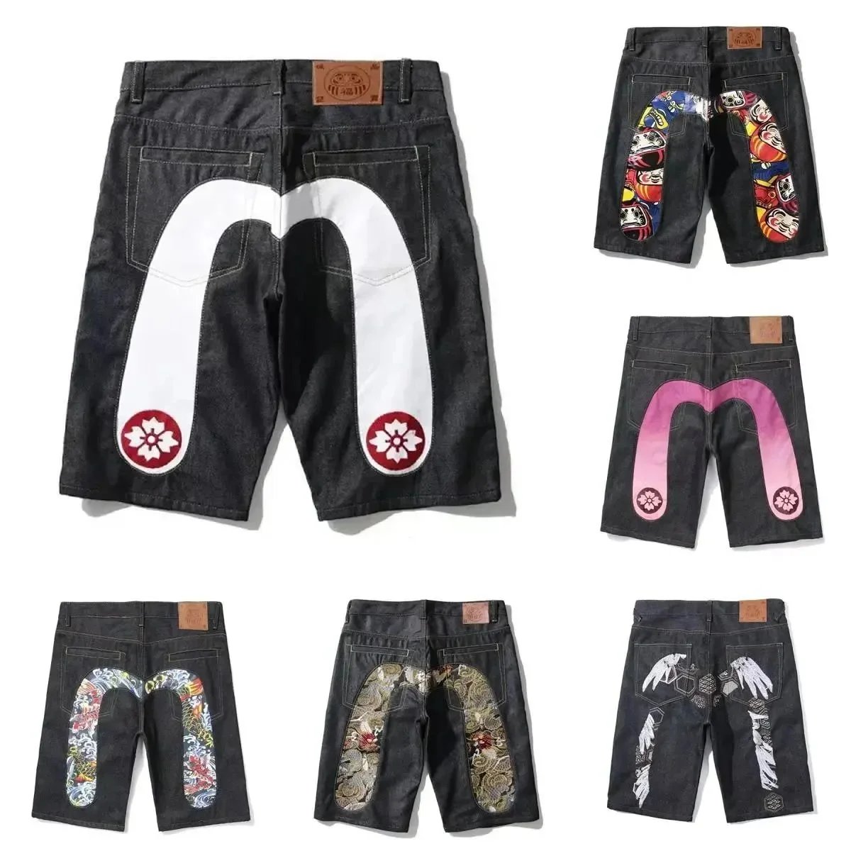 Evisu Black Denim Shorts with Back Patch Design