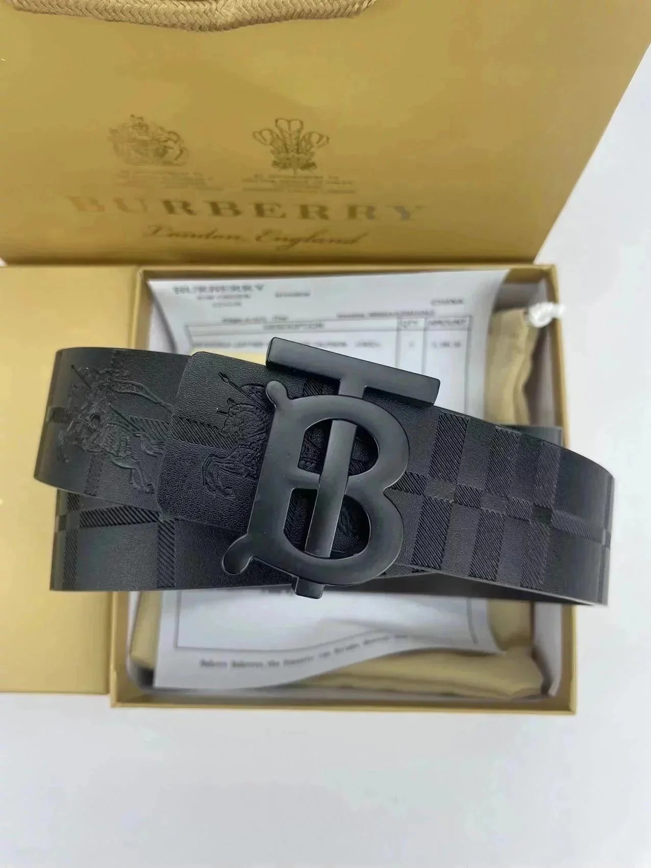 Burberry Black Leather Belt with TB Buckle