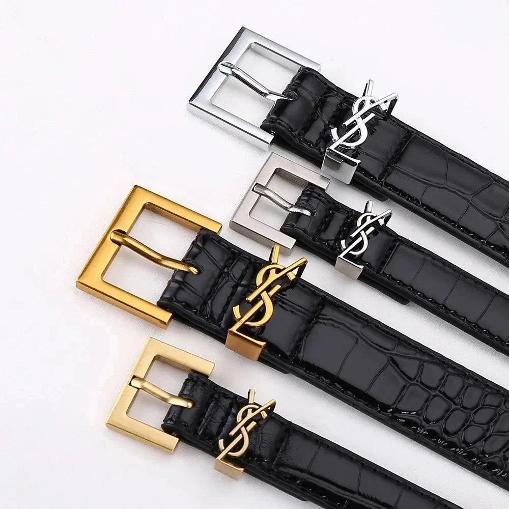 YSL Black Crocodile Texture Belt with Metal Buckle