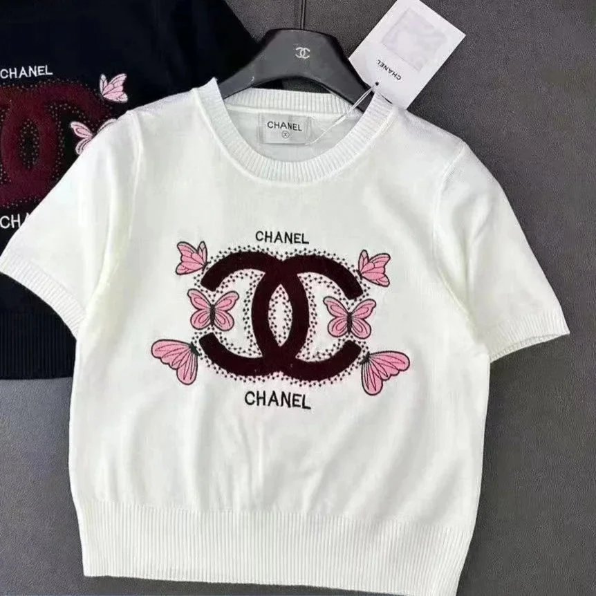 Chanel White Butterfly Logo Knit T-Shirt - 135657