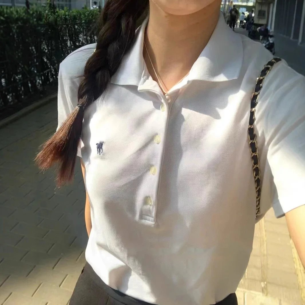 小马标纯棉复古短袖T恤刺绣女polo衫女五纽扣翻领美式修身 - 135717