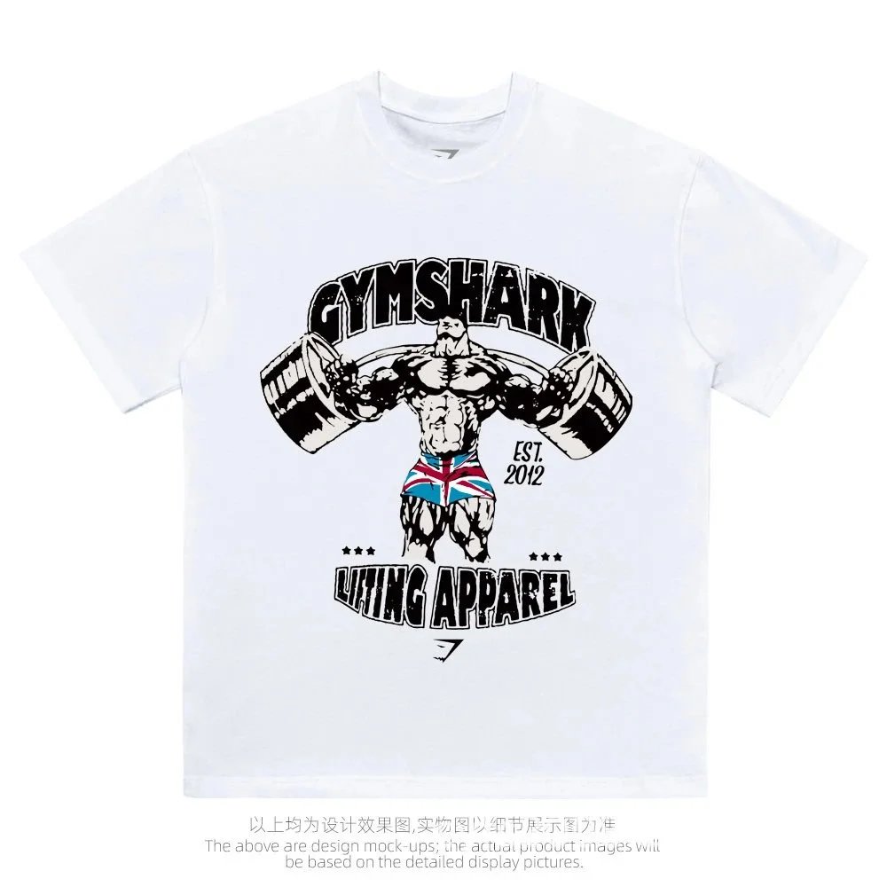 克里斯鲨鱼美式大码重磅健身撸铁印花T恤GYM情侣纯棉小圆领短袖上 - 135713