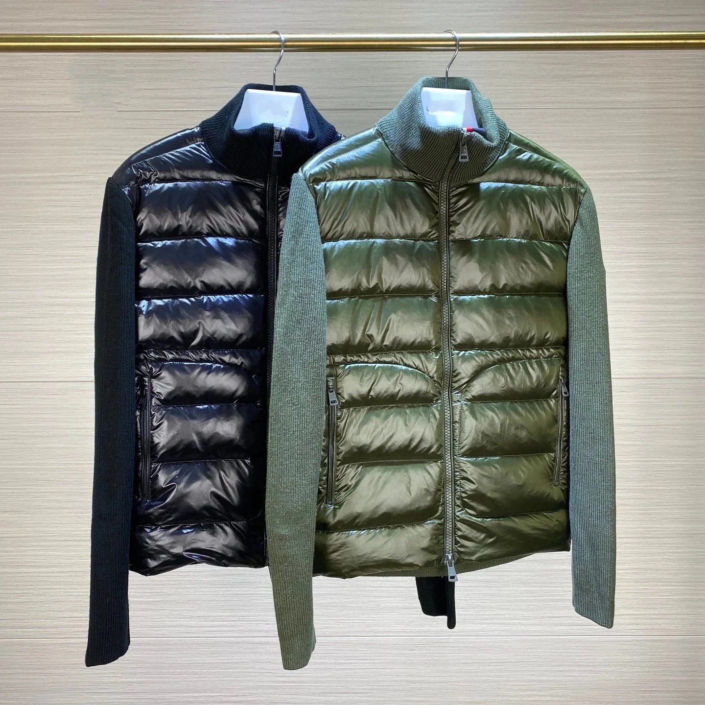 经典条纹拉链立领夹克修身羽绒服男士通勤针织拼接外套 - 134991
