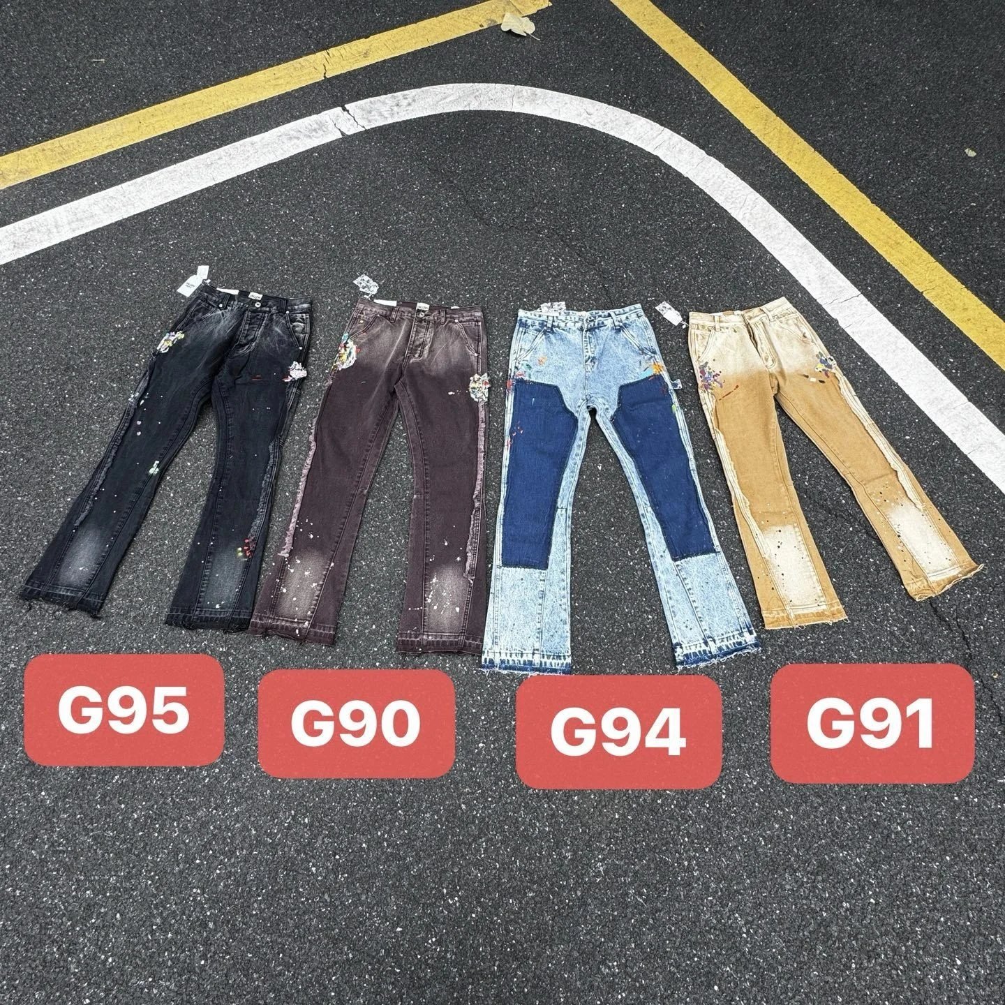 拼接贴布泼墨洗水做旧拼接伐木微喇叭牛仔长裤男女 - 135536
