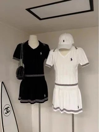 polo针织衫短袖上衣+松紧腰百褶半裙 - 134533