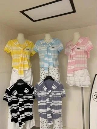 富家千金名媛欧洲站条纹搭肩垫肩短袖针织衫两件套显瘦洋气 - 135614