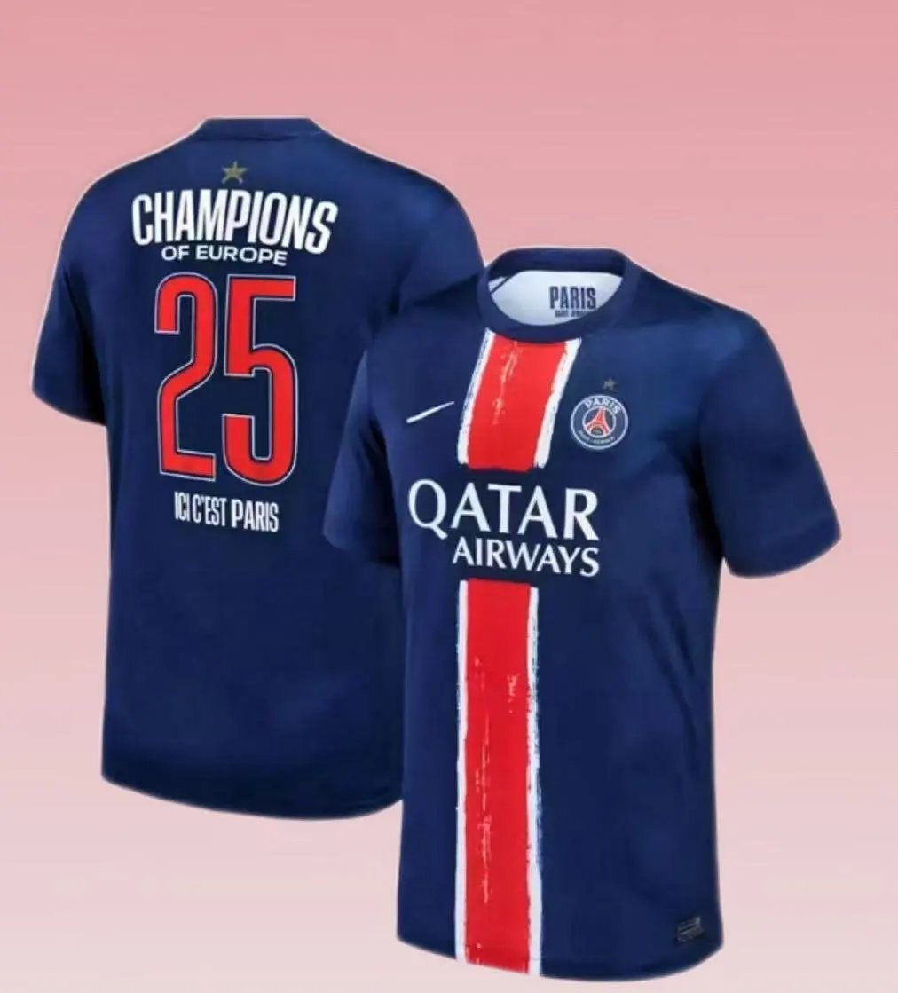 Nike PSG 2025-26 Home Jersey Navy Blue Red Stripe Champions Of Europe