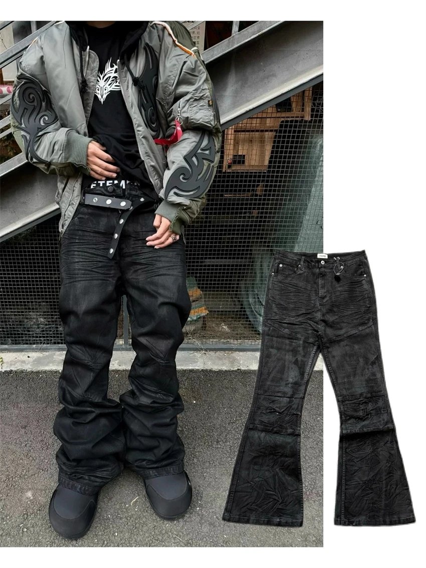 25WW Autumn/Winter New Dark Niche Metal Handmade Wax Coated Washed Drag Micro Flare Unisex Jeans