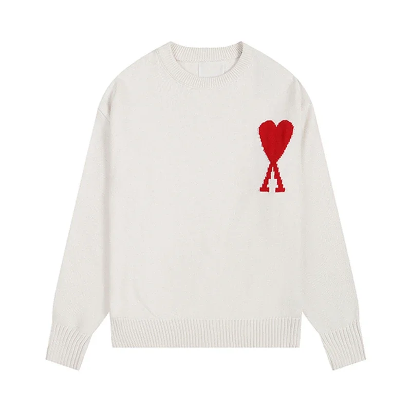 AMI Paris White Sweater with Red Jacquard Heart and 'A' Logo