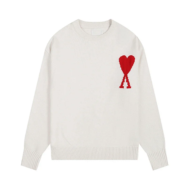 AMI Paris White Sweater with Red Jacquard Heart and 'A' Logo - rep swetry