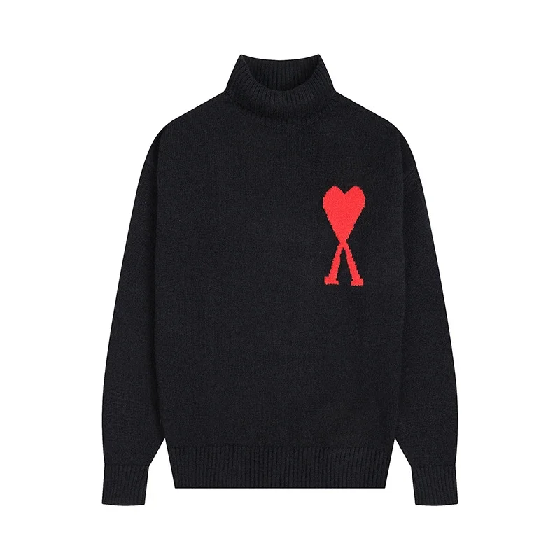 AMI Paris Black High-Neck Wool Knit Sweater with Large Red Heart