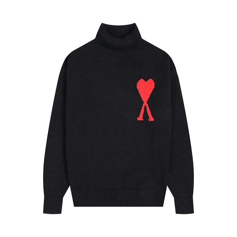 AMI Paris Black High-Neck Wool Knit Sweater with Large Red Heart - rep swetry