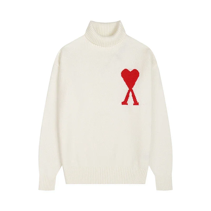 AMI Paris Black High-Neck Wool Knit Sweater with Large Red Heart - rep swetry