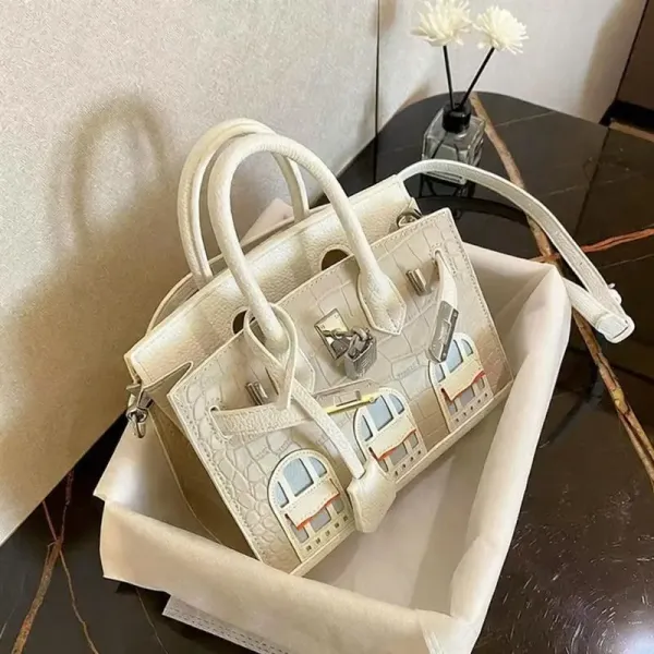 Design Mini House Motif Croc-Embossed Handbag Cream - 1