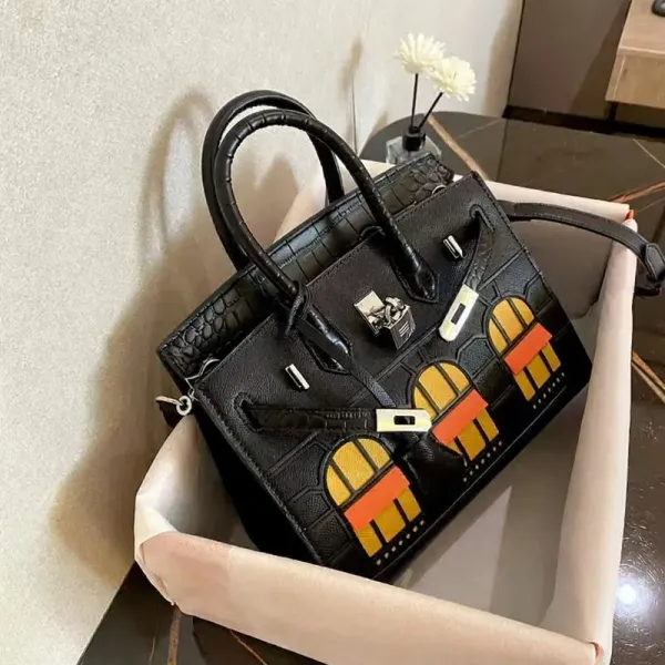Hermès Birkin Bag Black Croc-Embossed with Architectural Print Handbag - 1