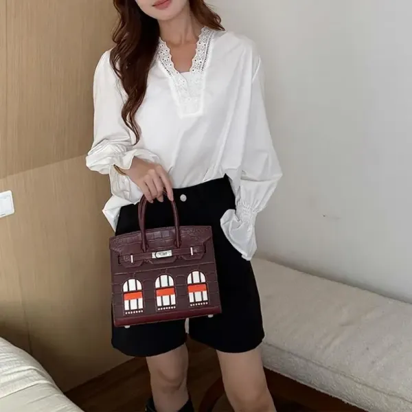 Design Architectural Mini Handbag Burgundy with Orange and White Accents Handbag - 1