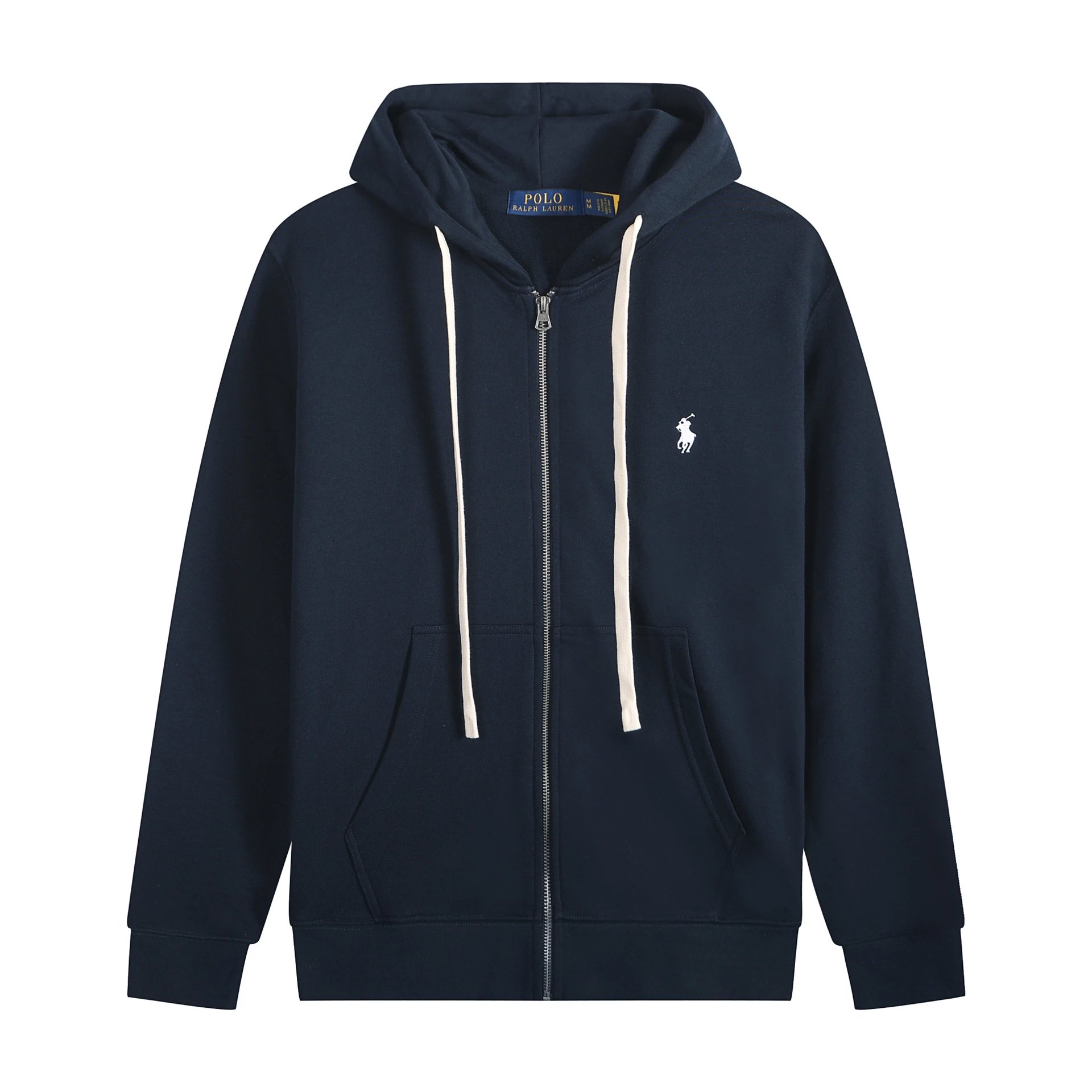 White rope zipper, navy blue, white label
