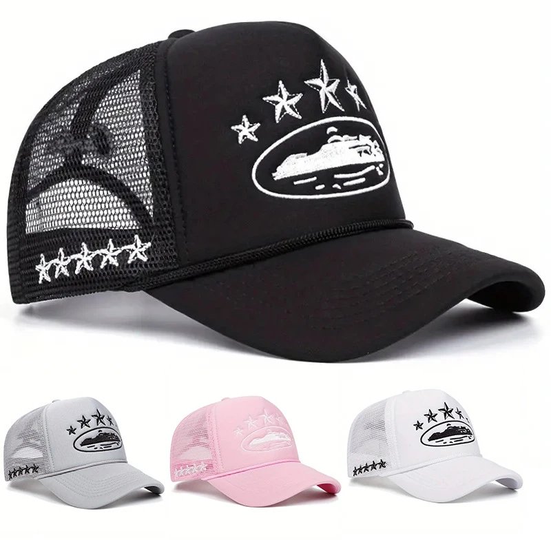 Black Trucker Hat with Star and Boat Embroidery