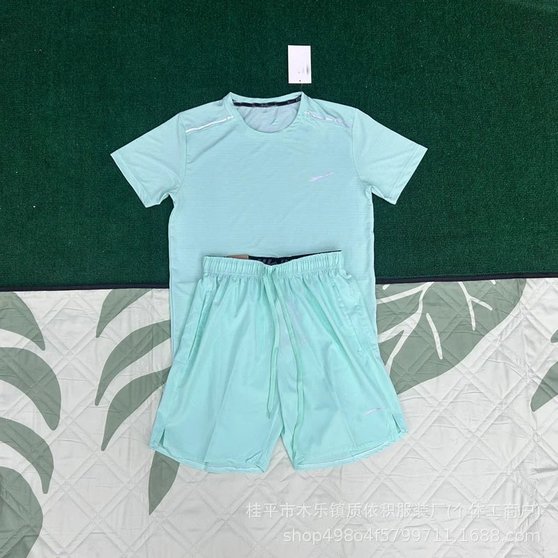 Unbranded Matching Sets Short-Sleeve Athletic T-Shirt and Shorts Set — Crystal Stripe Green + D218 Green