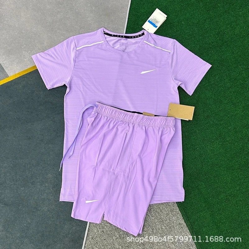 Unbranded Matching Sets Short-Sleeve Athletic T-Shirt and Shorts Set — Crystal Stripe Purple + D218 Purple