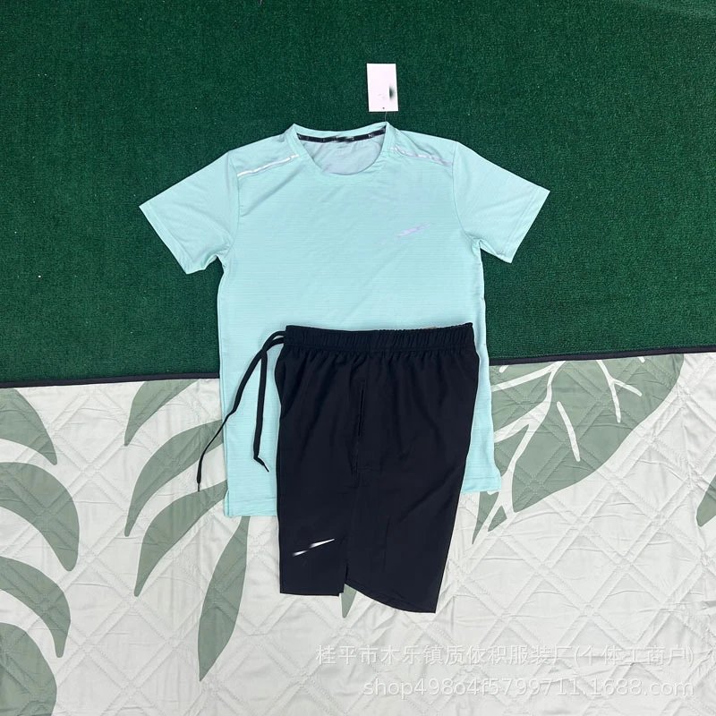 Unbranded Matching Sets Short-Sleeve Athletic T-Shirt and Shorts Set — Crystal Stripe Green + D218 Black