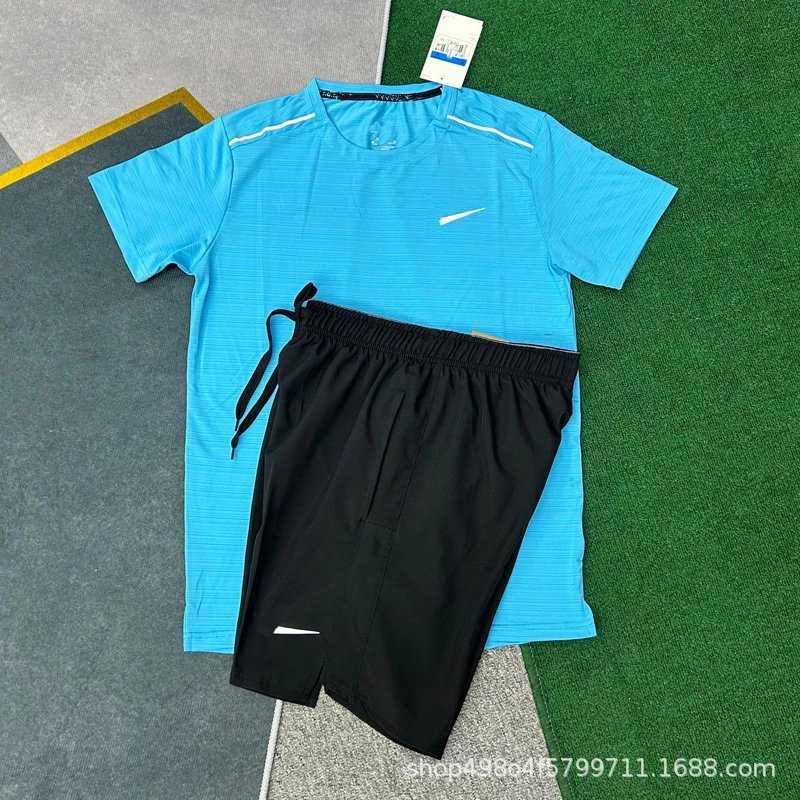 Unbranded Matching Sets Short-Sleeve Athletic T-Shirt and Shorts Set — Crystal Stripe Blue + D218 Black