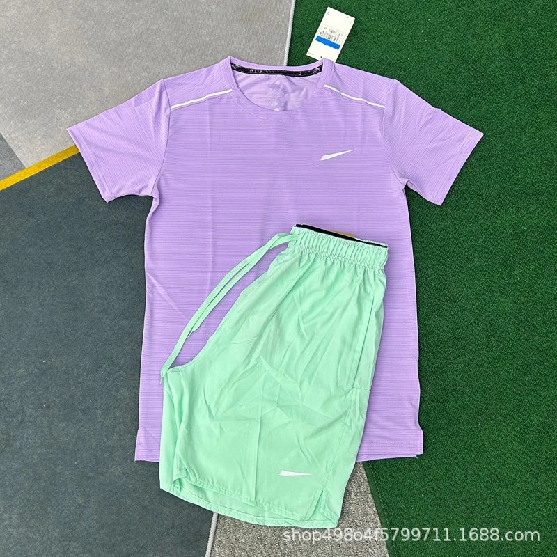 Unbranded Matching Sets Short-Sleeve Athletic T-Shirt and Shorts Set — Crystal Stripe Purple + D218 Green