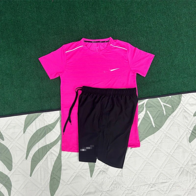 Unbranded Matching Sets Short-Sleeve Athletic T-Shirt and Shorts Set — Crystal Stripe Rose Red + D218 Black
