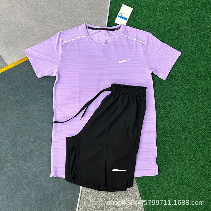 Unbranded Matching Sets Short-Sleeve Athletic T-Shirt and Shorts Set — Crystal Stripe Purple + D218 Black