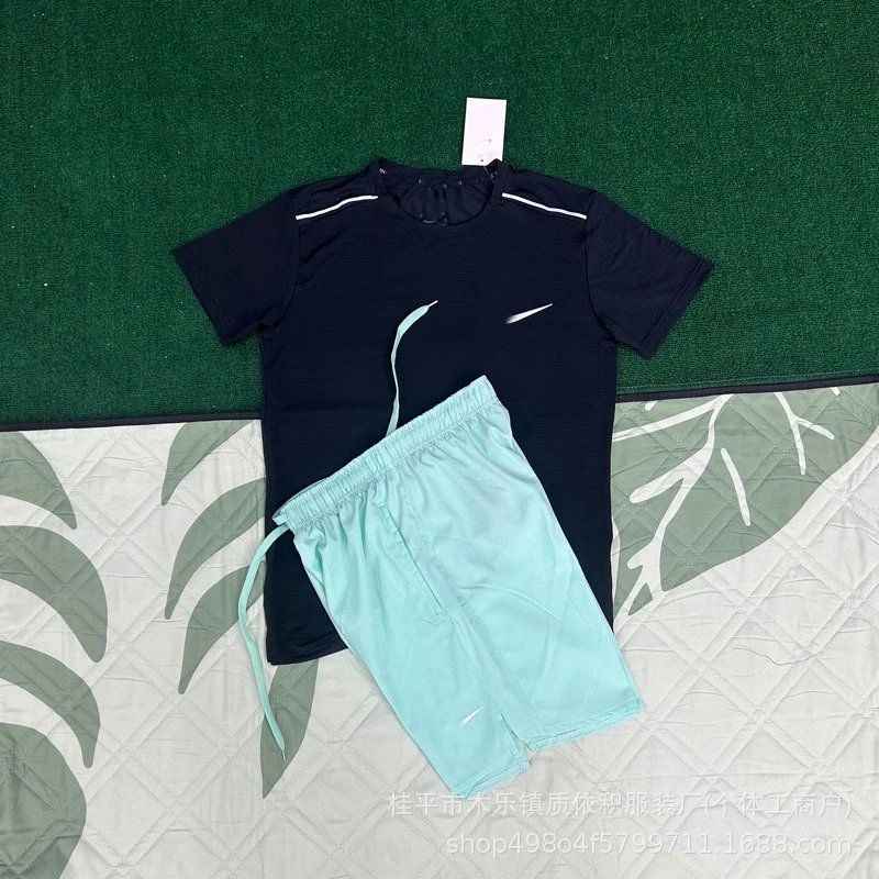 Unbranded Matching Sets Short-Sleeve Athletic T-Shirt and Shorts Set — Crystal Stripe Black + D218 Green