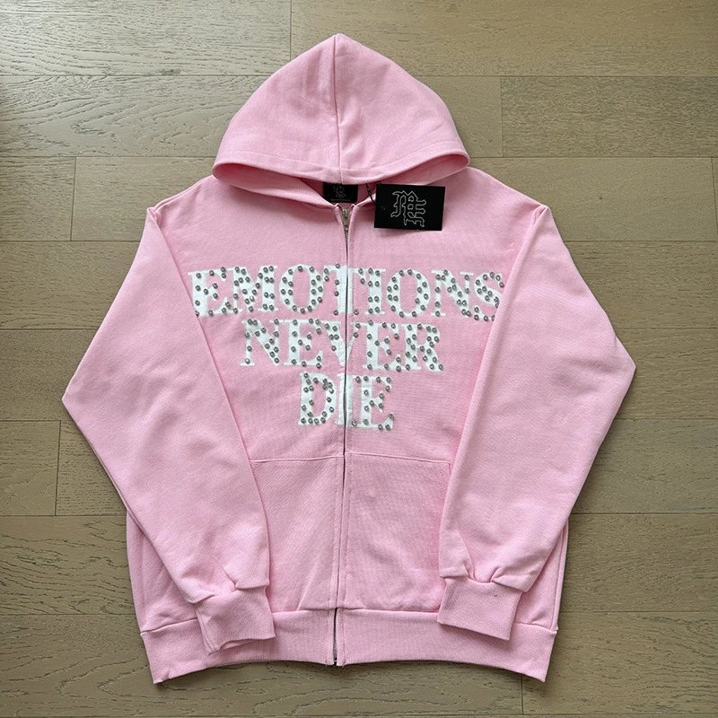 Mixed Emotion Hoodies & Sweatshirts Zip-Up Rhinestone Graphic Hoodie — X0065 Pink