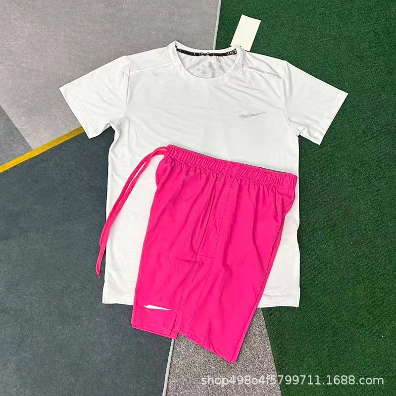 Unbranded Matching Sets Short-Sleeve Athletic T-Shirt and Shorts Set — Crystal Stripe White + D218 Rose Red