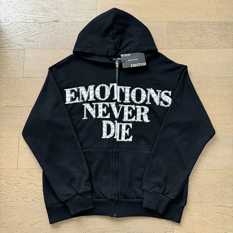 Mixed Emotion Hoodies & Sweatshirts Zip-Up Rhinestone Graphic Hoodie — x0065 Black