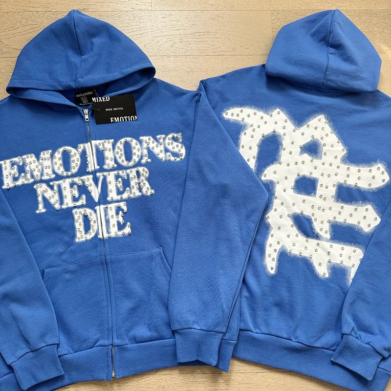 Mixed Emotion Hoodies & Sweatshirts Zip-Up Rhinestone Graphic Hoodie — X0065 Blue
