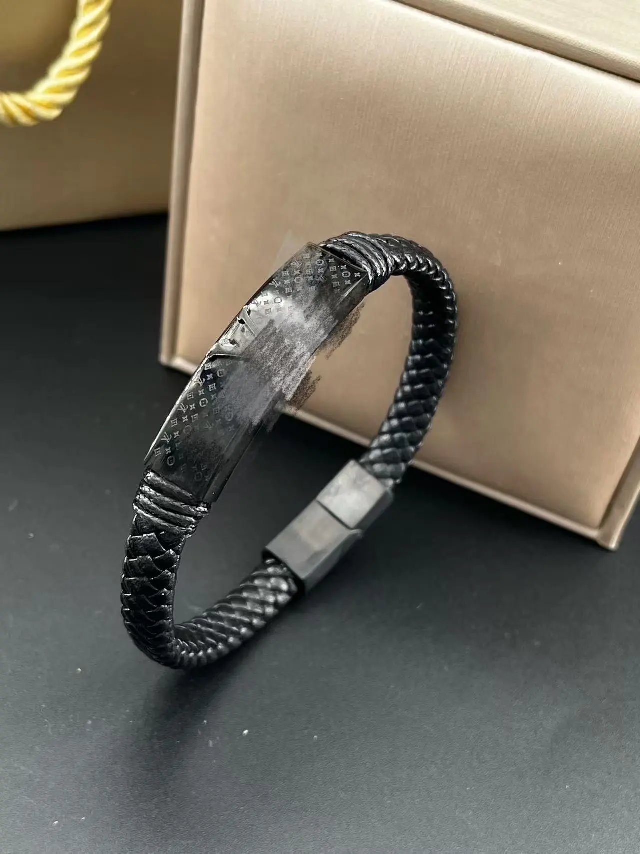 Louis Vuitton Jewelry Leather Cord Logo Plate Bracelet — Style 34