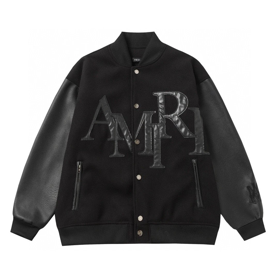 Cross-border trendy brand AMIRI leather embroidered lettering woolen stand-up collar baseball uniform for men and women American high street leather sleeve jacket