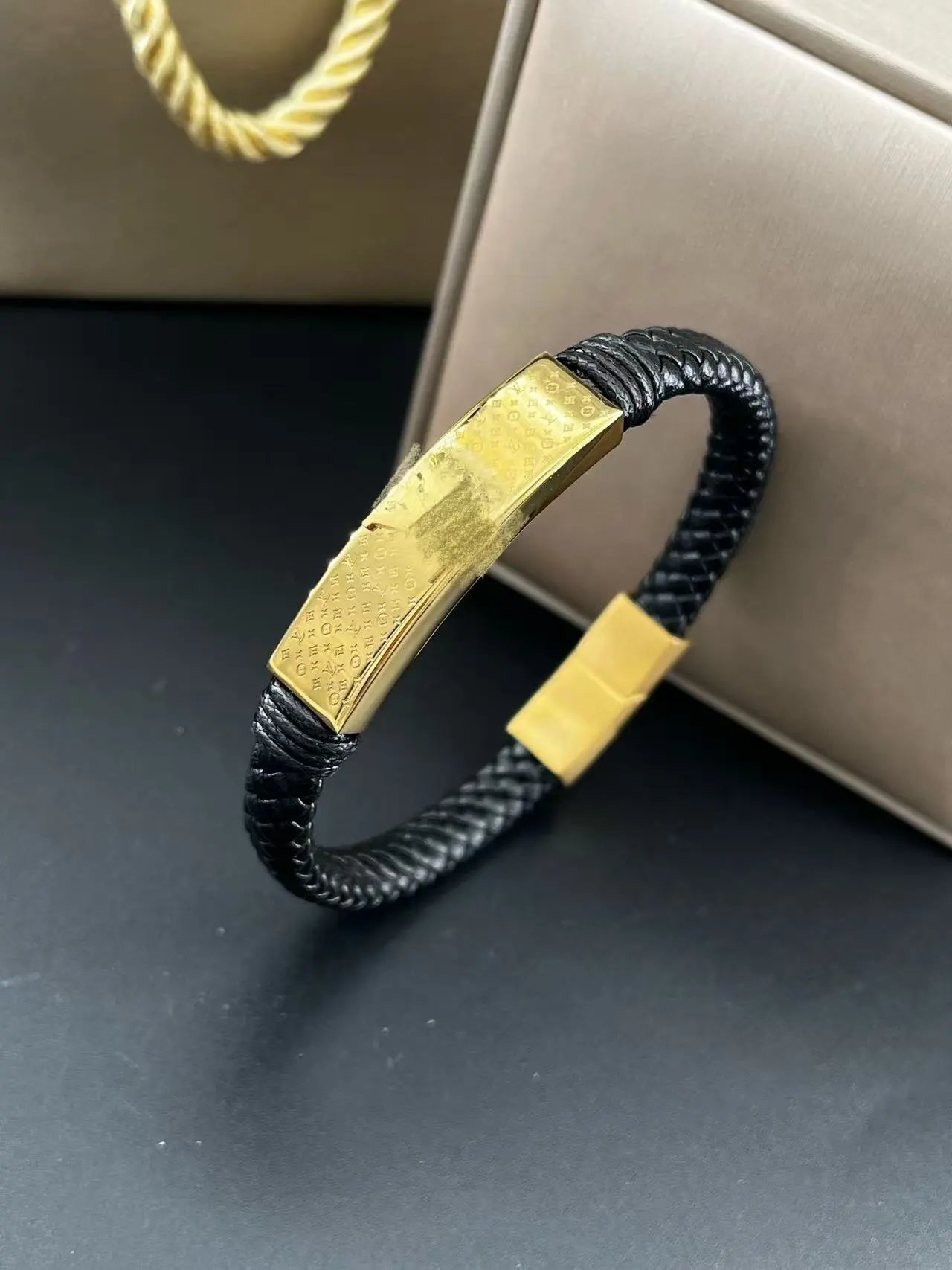 Louis Vuitton Jewelry Leather Cord Logo Plate Bracelet — Style 35