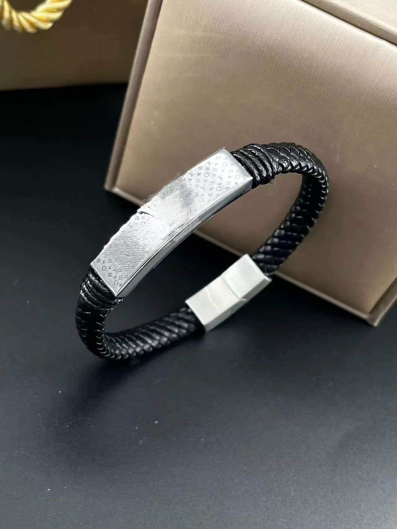 Louis Vuitton Jewelry Leather Cord Logo Plate Bracelet — Style 36