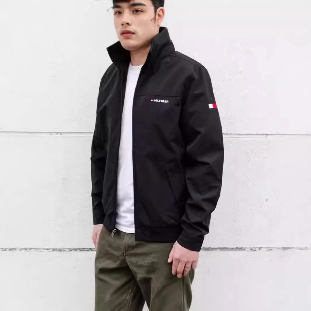 Tommy Men's Zip-Up Jacket with Three-Color Small Logo Embroidery, Casual Loose Stand Collar, 2024 Fall Stock