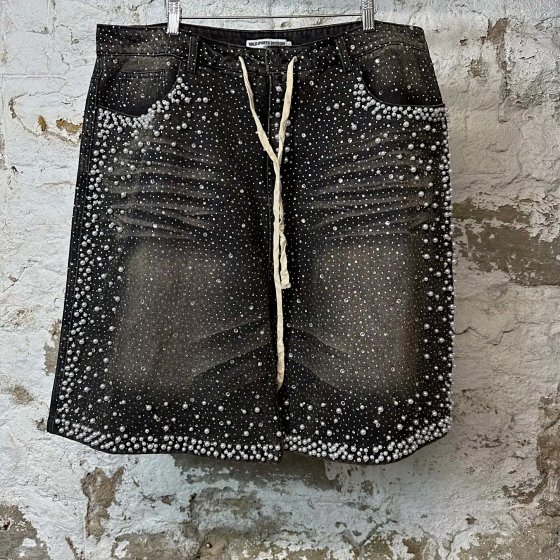 Streetwear Rhinestone Pearl Embellished Denim Shorts Men Heavyweight Distressed Five-Inch Jeans