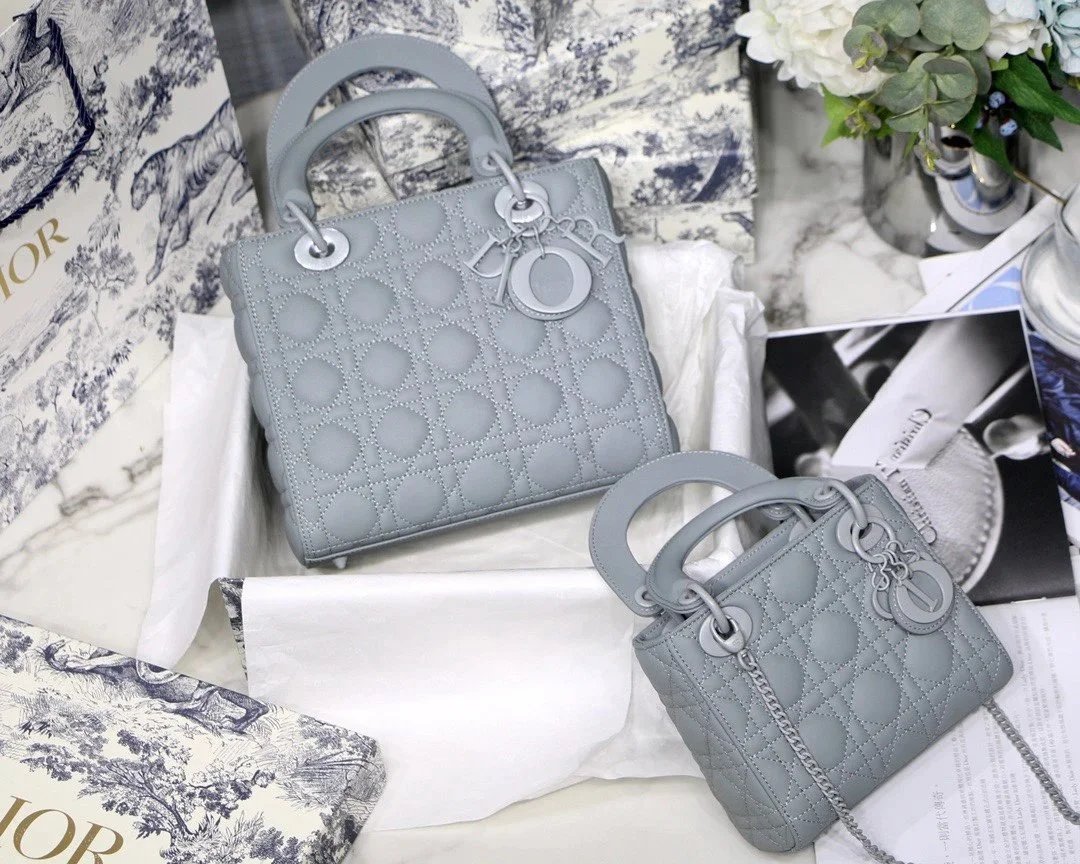 Dior 迪奥 女包 Lady藤格纹磨砂三格五格岩石灰珍珠白链条戴妃包单肩斜挎手提包 包包